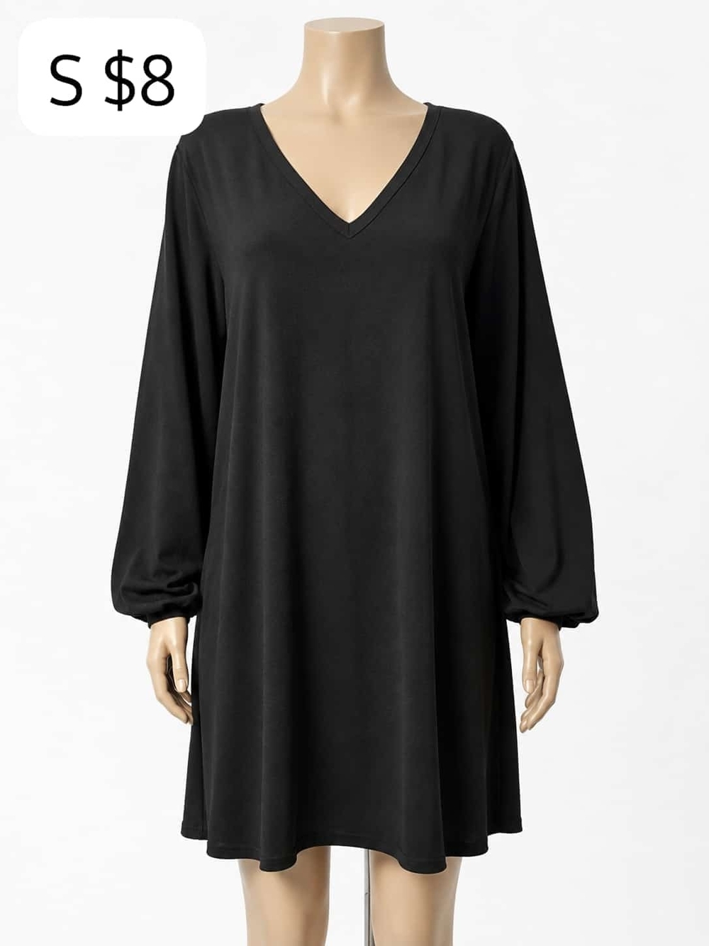 Classic Black V-Neck Long-Sleeve Swing Dress